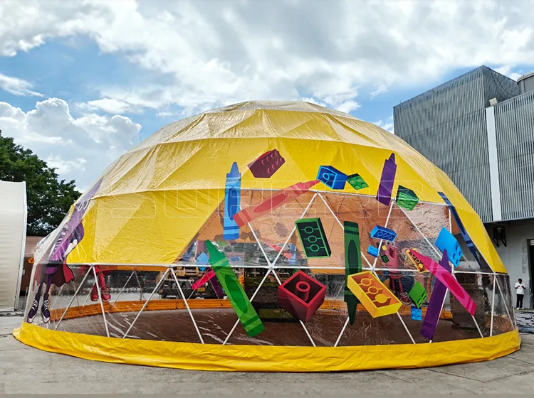 Custom event dome tent exterior with yellow and transparent PVC cover