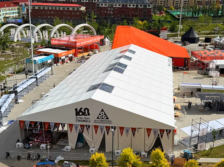 Heavy-duty 6x20m warehouse tent providing secure logistics storage for trail running events.