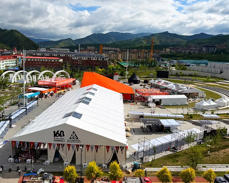 Aerial view of the 30x60m clear span sports event tent at the Chongli 168 Trail Race basecamp